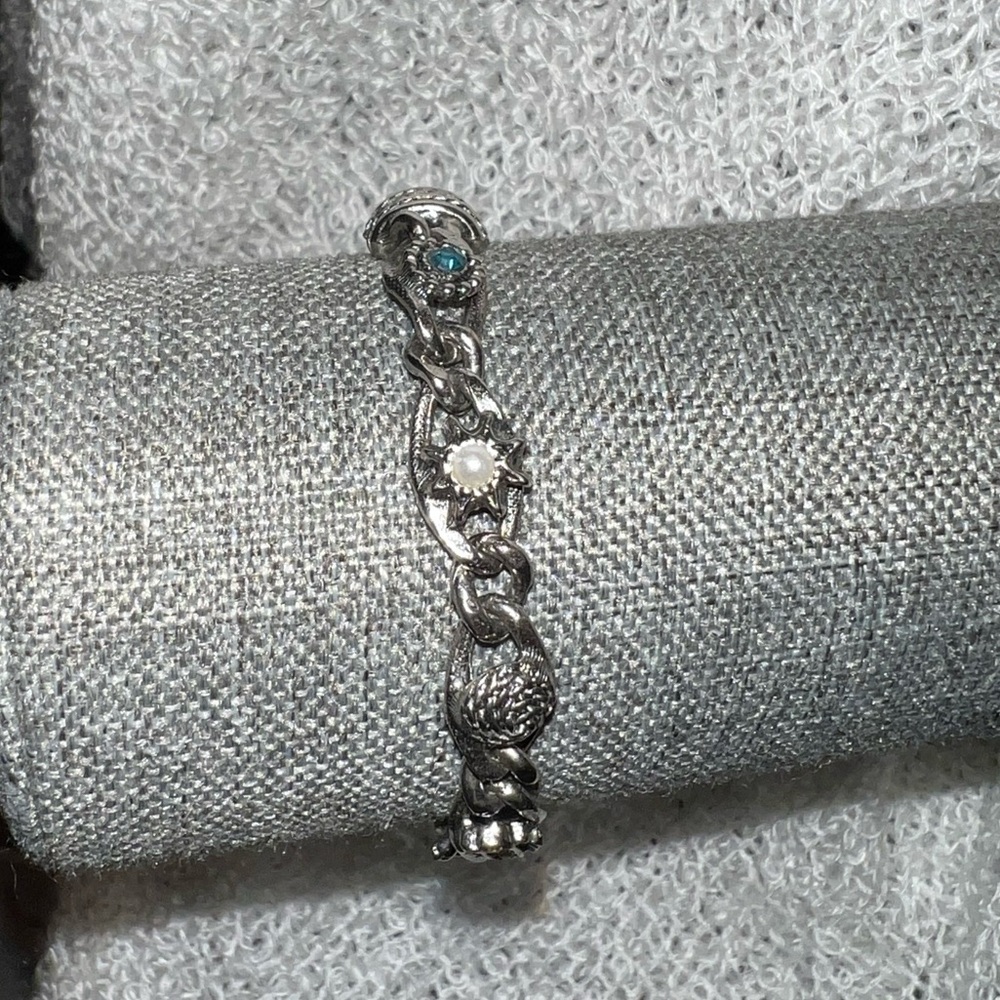 Vintage Signed Goldette Silver Tone Colorful Multi-Stone Charm Link Bracelet - Picture 3 of 11